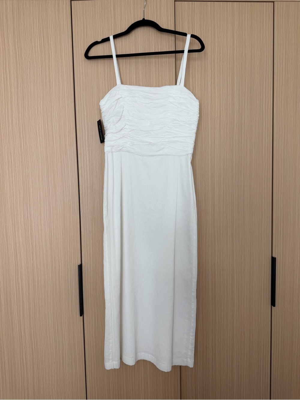Ruched Bodice White Midi Dress with Spaghetti Straps